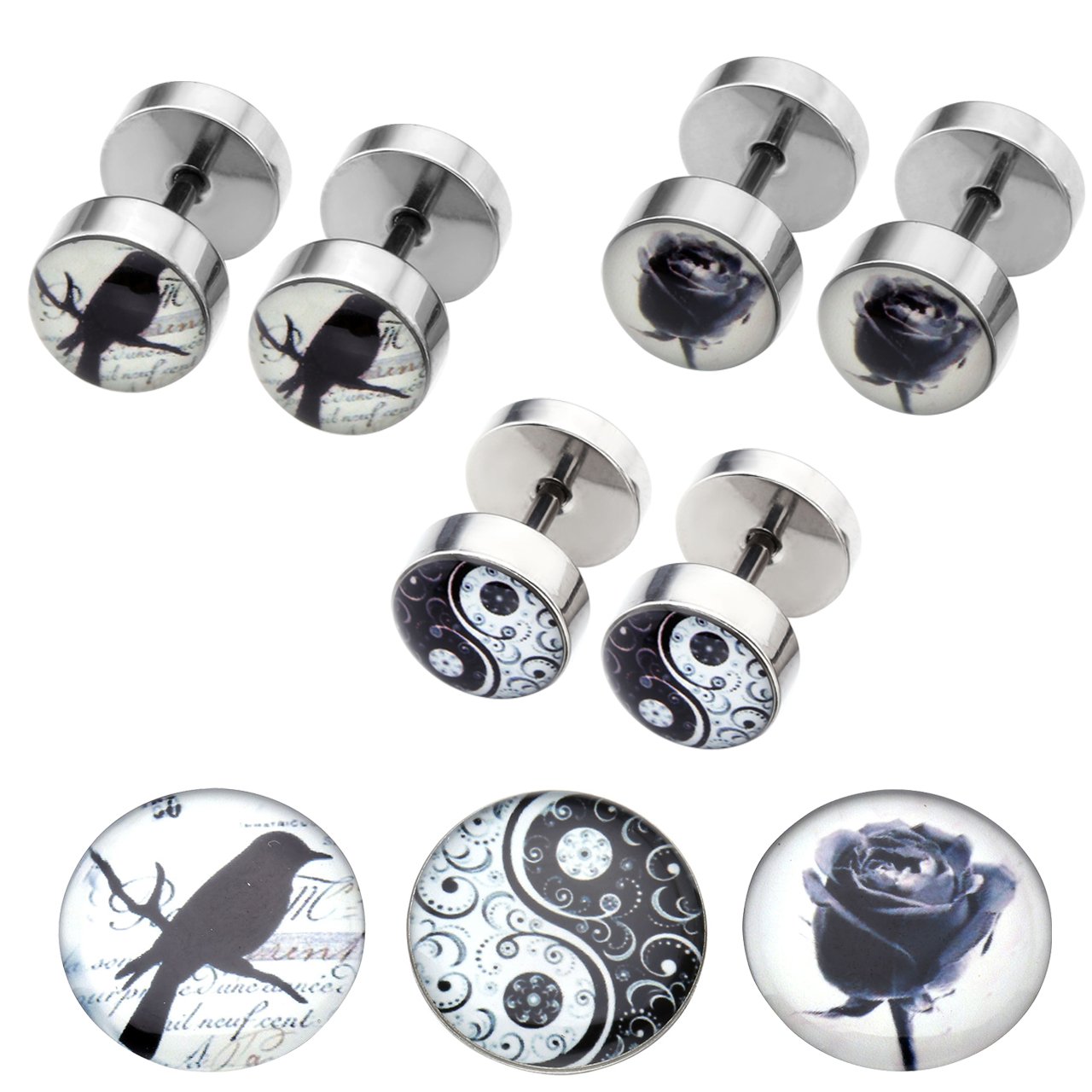 PiercingJ 6pcs 16G Stainless Steel Mensa Womens Stud Barbell Earrings Illusion Ear Piercing Plugs Tunnel Plug 0G Gauge Look