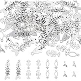 NBEADS 80 Pcs 4 Styles Alloy Fish Bone Charms, Decor Fish Bone Design Charm Connector Ocean Fishbone Pendants for Jewelry Making Charms Pendants Necklaces Keychains DIY Crafts