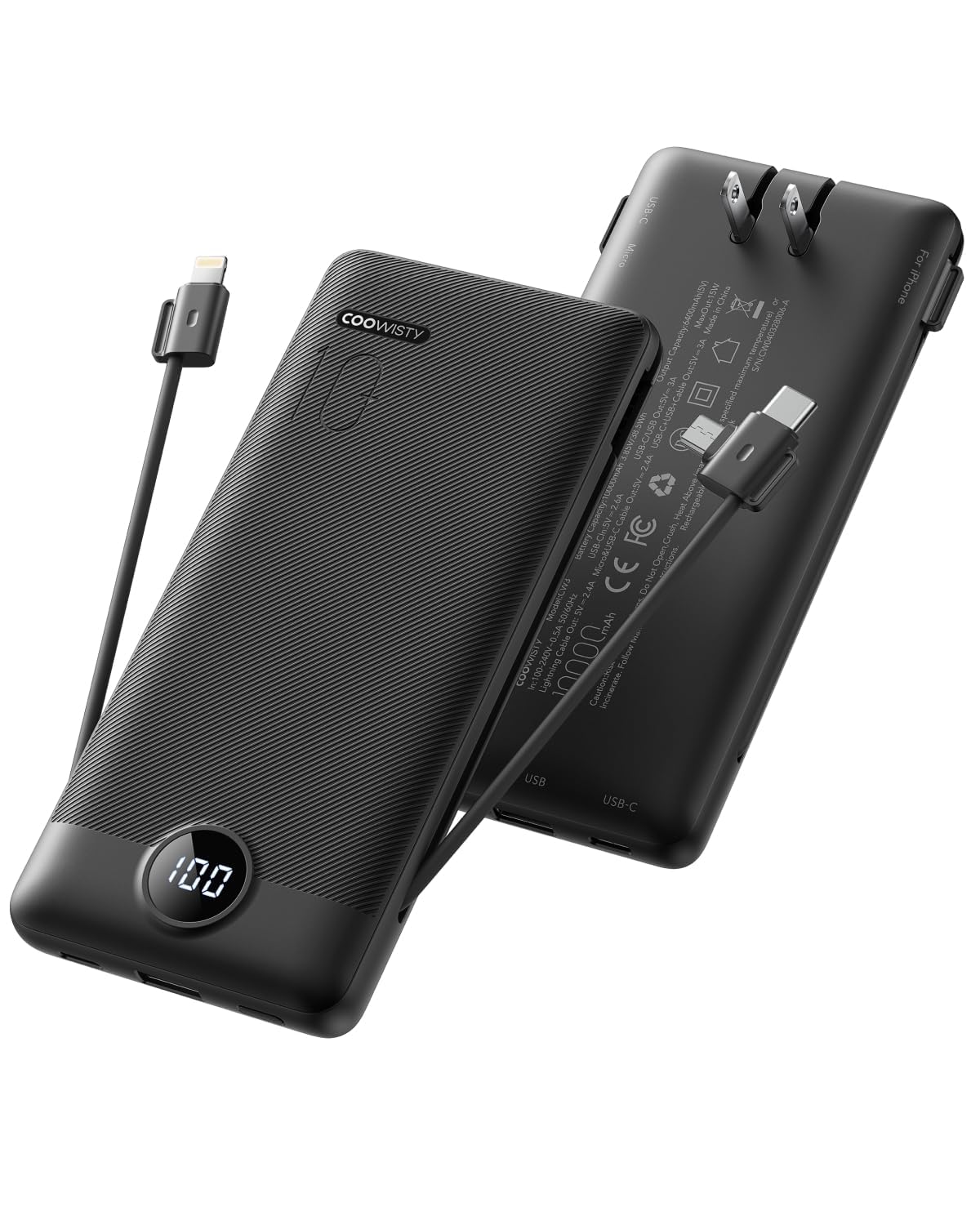Coowisty Portable Charger with Wall Plug, Slim USB C Power Bank with Built-in Cables, 10000mah LED Display External Battery Pack Compatible with iPhone/Android & More (Black)