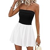 KIRUNDO Strapless Rompers For Women 2026 Summer Ribbed Fold-Over Tube Top | Stretchy High Cinched Waist, Flowy Woven Skort, One Piece Short Jumpsuit With Pockets, Casual Resort Wear Vacation Outfits