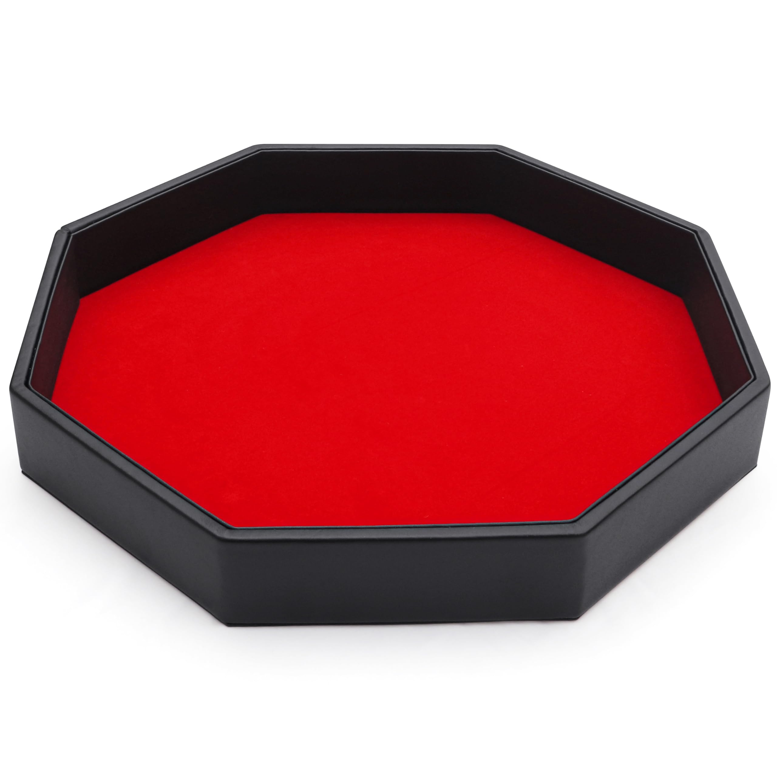Belle Vous Black PU Leather and Red Velvet Octagon Rolling Dice Storage Tray - Dice Holder Box for Table Games Like RPG and DND/D&D - Catchall Tray for Jewellery
