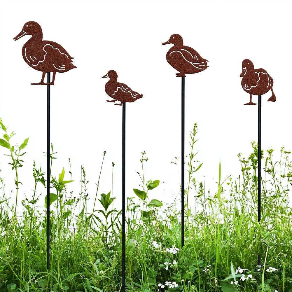 NBEADS 4 Pcs Duck Garden Stakes Decor, Animal Stakes Ornaments Metal Lawn Ornaments Stakes for Flower Bouquet Outdoor Indoor Yard Art Patio Plant Pot Home Décor, 60cm