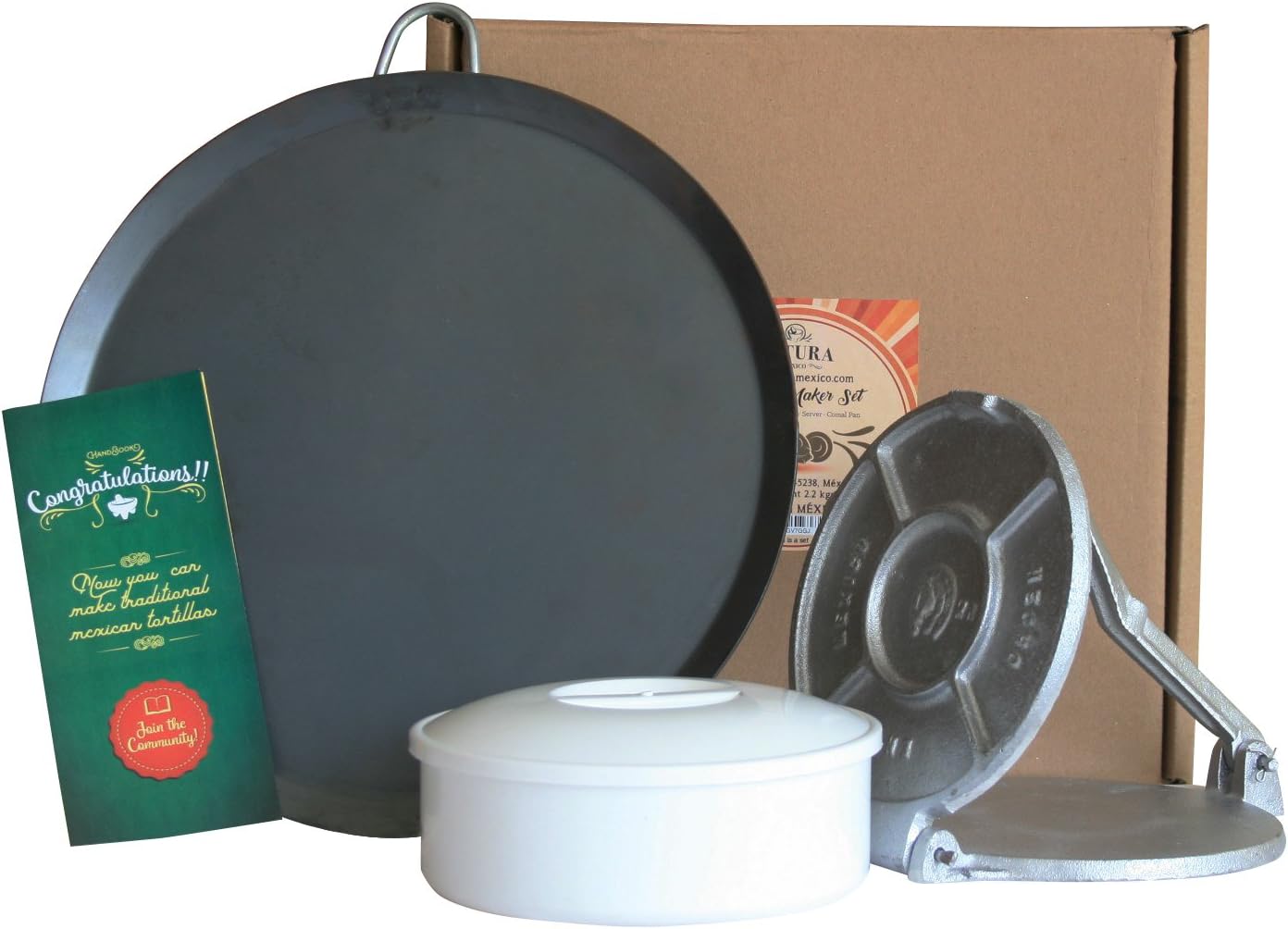 Mexican Tortilla Making Set | Kit Para Tortillas With Corn Flour Tortilla Press, Grande Steel Comal Pan Griddle, Plastic La Tortilla Warmer Server | How To Make Corn Tortillas Booklet With Recipes