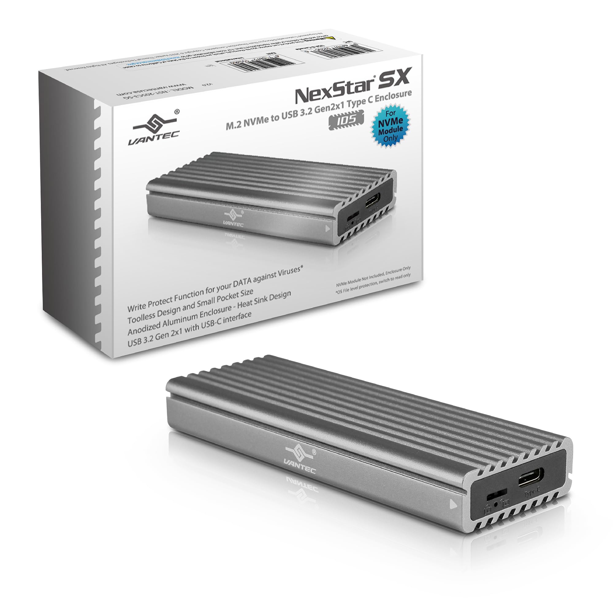 Vantec M.2 Nvme SSD to USB 3.1 Gen 2 Type C Enclosure with C to C Cable, Space Gray Color, ID5 (NST-205C3-SG)