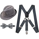 Alizeal 1 inch 2.5cm Suspender and Bow Tie Set with Fedora Hat for Kids