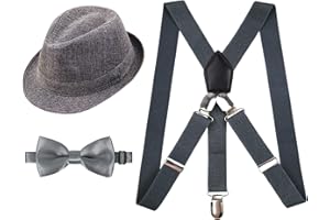 Alizeal 1 inch 2.5cm Suspender and Bow Tie Set with Fedora Hat for Kids