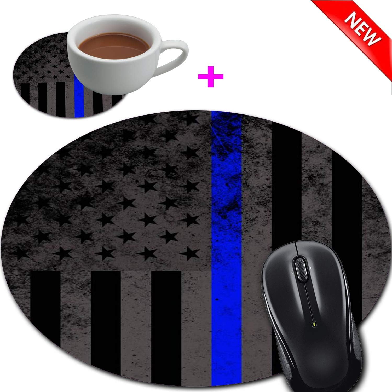 Mouse Pad and Coaster Set, Thin Blue Line American Flag Mouse Pad Round Non-Slip Rubber Mousepad Office Accessories Desk Decor Mouse Mat for Desktops Computer Laptops