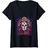 Womens La Jefa Mexican Sugar Skull DÃa de Muertos Design V-Neck T-Shirt