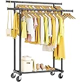 HYSEYY Double Rods Clothes Rack, Rolling Clothing Rack for Hanging Clothes Portable Wardrobe Rack, Metal Garment Rack Sturdy