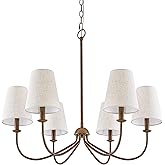 Homebelife Chandelier, Retro Antique Brown with White Beige Fabric Shade, 6-Light 28" Country Rustic Farmhouse Linear Pendant