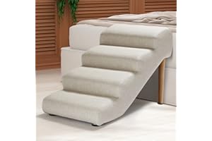 Senneny Imitation Linen Faux Leather Dog Stairs, for Pets up to 150 lbs, Waterproof, Scratch Resistant Pet Steps/Stairs with High Density Foam and Detachable Wooden Legs, Light Beige Linen, 4 Step