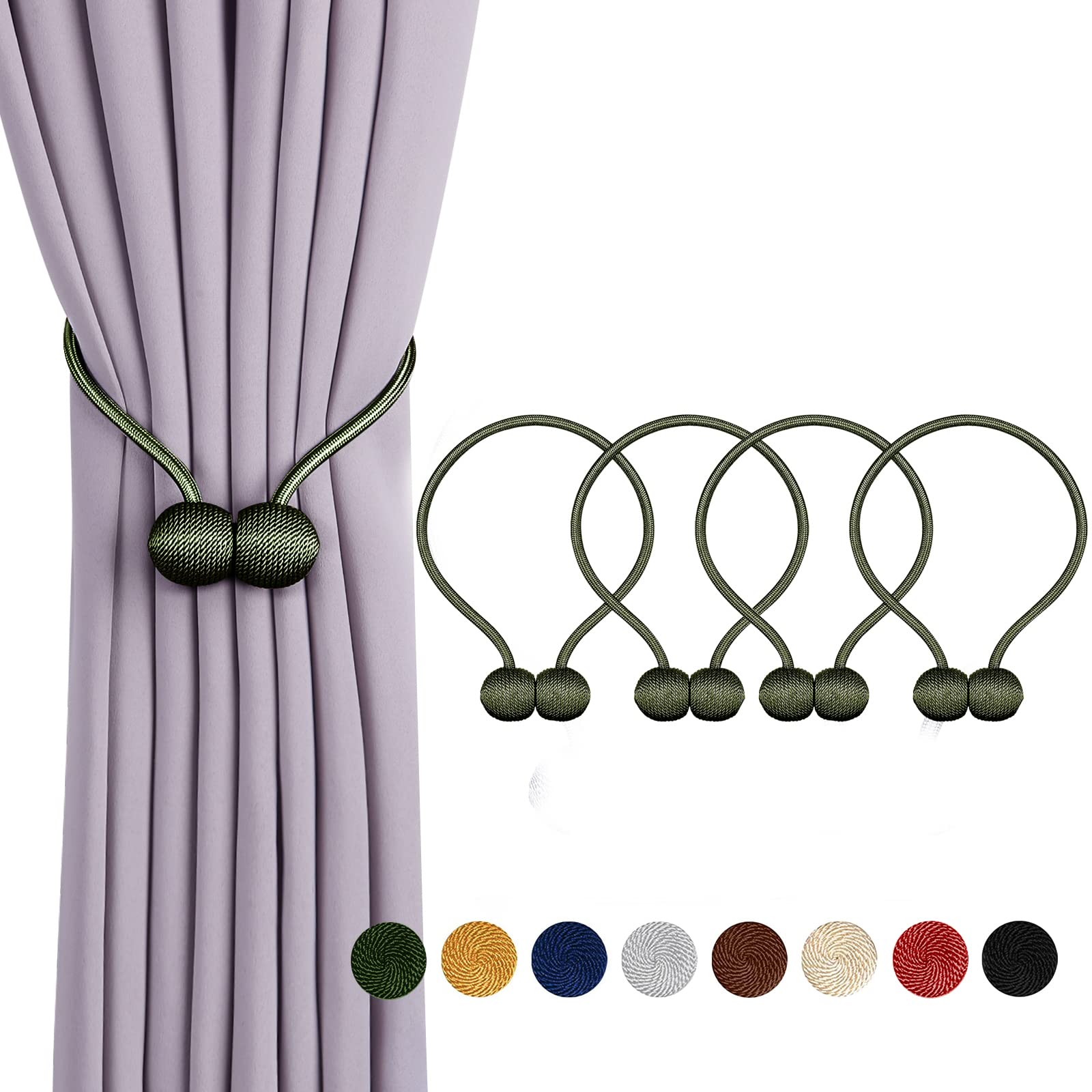 Magnetic Curtain Tiebacks,Modern Curtain Holdbacks Drape Tie Backs Buckles Weave Ropes Holders for Window Draperies (4 Pack, Green)