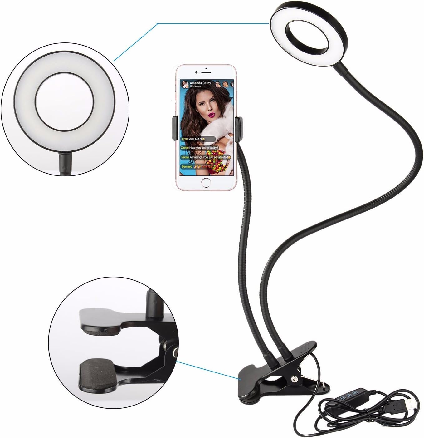 HolaFoto Lazy Bracket Cell Phone Holder with Selfie Ring Light for Live Stream, 360 Rotating Long Arms Mount, Clamp on Lazy Bracket with LED Selfie Light for Mobile iPhone, Samsung,HTC,Huawei