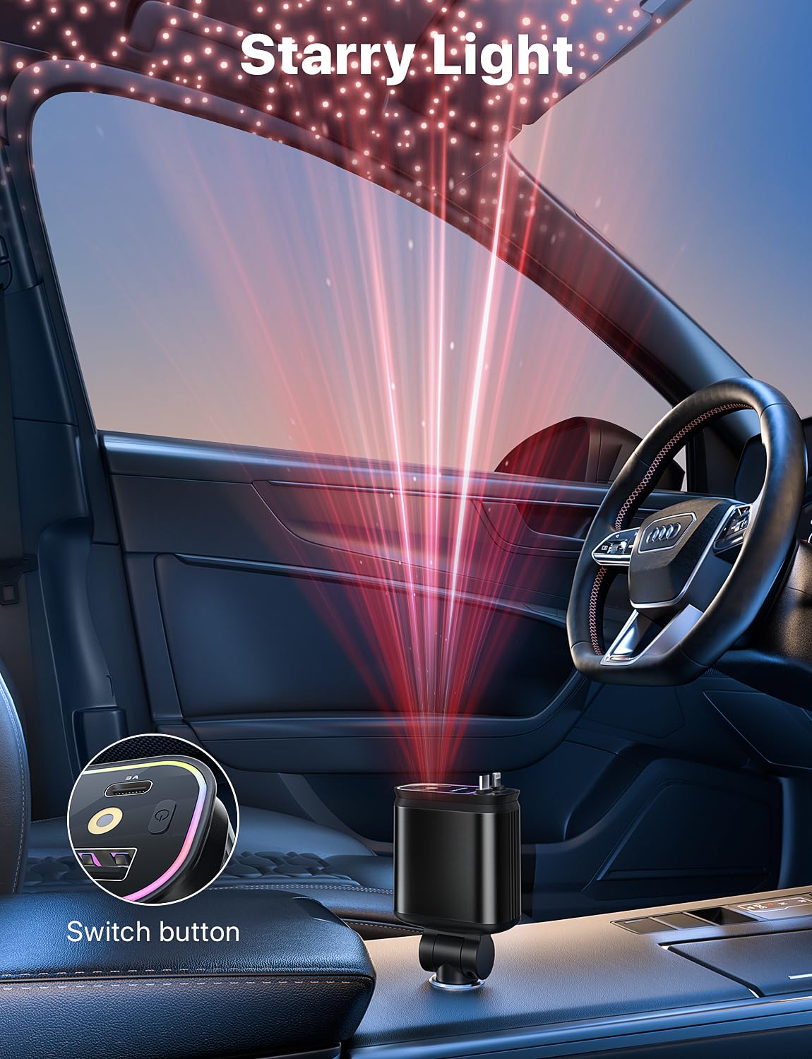 Starlight Retractable Car Charger with Retractable Cables, Starlight in Car Roof 4 in 1 Super Fast Car Phone Charger, 2 USB Ports Starry Sky Adapter, Compatible with iPhone 15 14 13