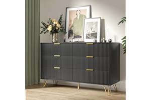 FURNIWAY Black Dresser, Modern 6-Drawer Dresser for Bedroom with Gold Handles, Wide Chest of Drawers for Living Room