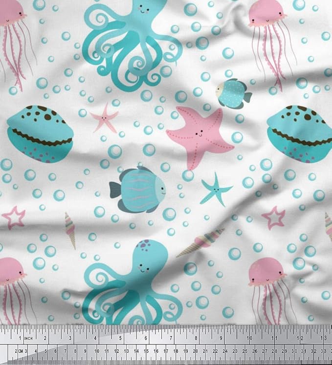 Soimoi Weiß japanischer Kreppsatin Stoff Quallen und Kraken Ozean Stoff