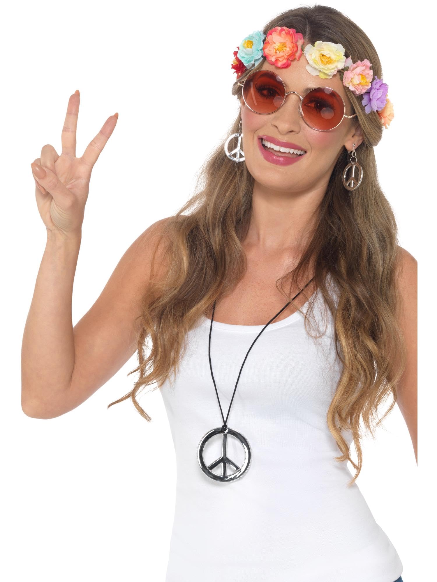 Smiffys Hippie Festival Kit, Multi-Coloured Flower Headband, Glasses, Medallion & Earrings, 1960's Groovy Fancy Dress, Adult Dress Up Accessories