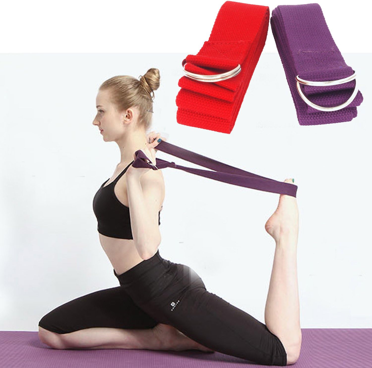nicad (2 pack) Fitness Exercise Yoga Strap 8ft w/Adjustable D-Ring Buckle for Stretching, Flexibility and Physical Therapy (Red and Deep Purple)