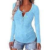 APOFER Women's Long Sleeve Tunics Lightweight Ribbed Knit Blouse Scoop Neck Tops Snap Button Slim Fit Casual Henley Shirt