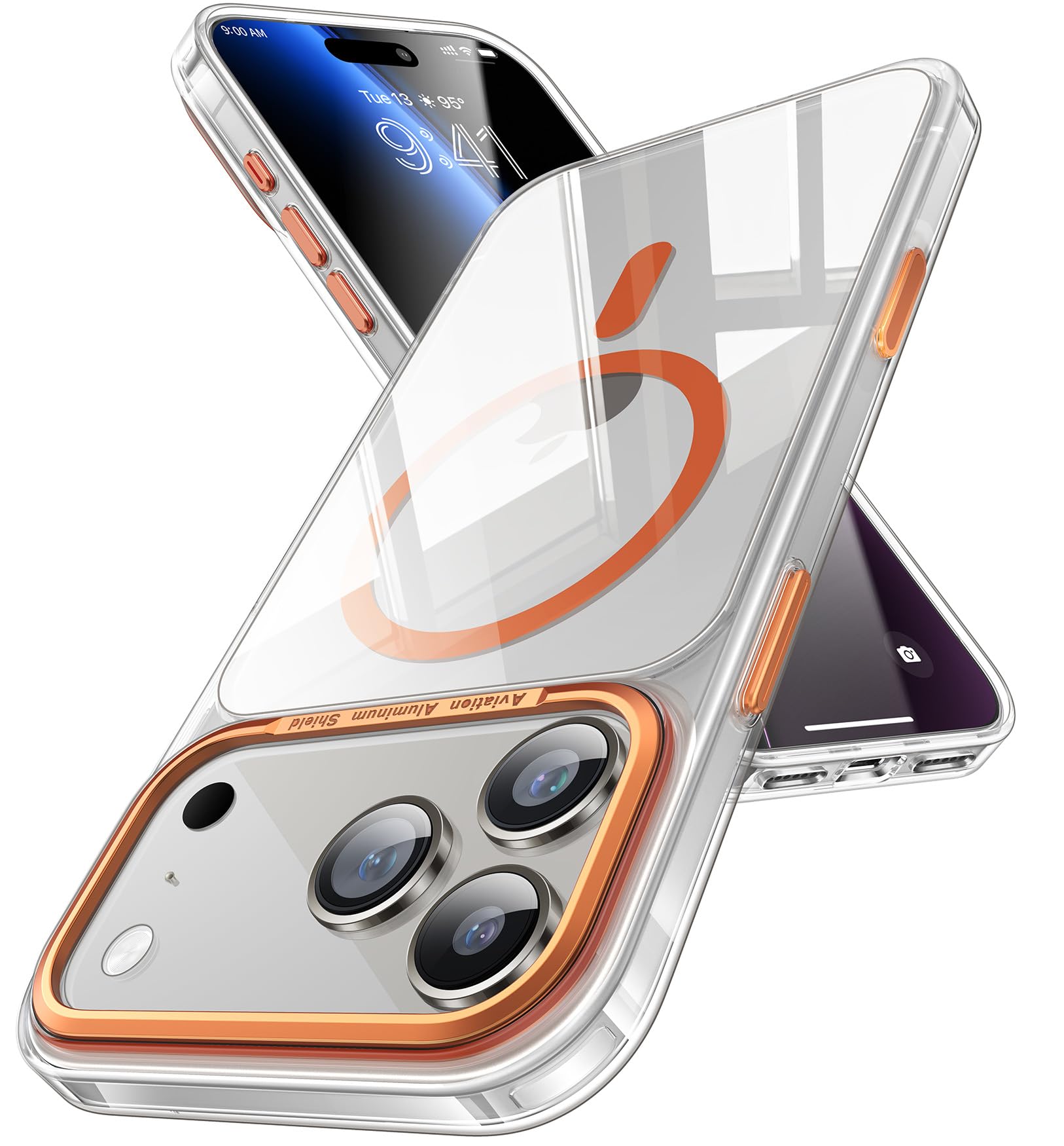 Photo 1 of Maledan for iPhone 17 Pro Max Case Clear Orange - Aluminum Camera Frame Magnetic 17 Pro Max Case Fit for Mag Safe, Camera Control, Transparent Military Shockproof Phone Cover for iPhone 17 Pro Max