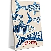 Vintage Fish Sardine Decor Beach House Wall Decor Canvas Wall Art Framed Art Prints Artwork Posters for Home Living Room Kitchen Dining Room Office Wall Decorations Paintings Pictures 11.5X14.5 Inch