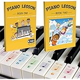 QMG Color Piano and Keyboard Stickers and Complete Color Note Piano Music Lesson and Guide Book 1 and Book 2 for Kids and Beginners; Designed and Printed in USA