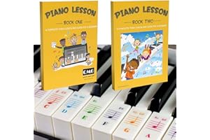 QMG Color Piano and Keyboard Stickers and Complete Color Note Piano Music Lesson and Guide Book 1 and Book 2 for Kids and Beginners; Designed and Printed in USA