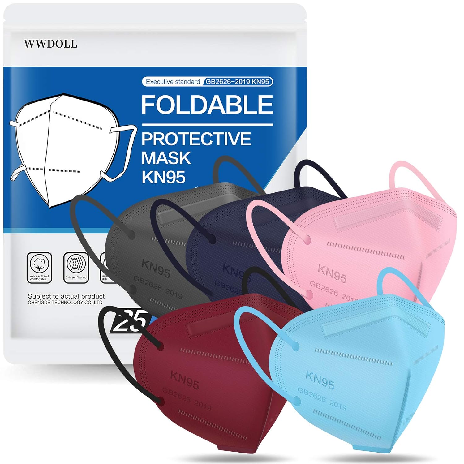 KN95 Face Mask 25 PCs, WWDOLL Multiple Colour 5 Layers KN95 Masks, Filter Efficiency≥95% Protection for Women and Man(Pink, Green, Grey, Red, Purple): Industrial & Scientific