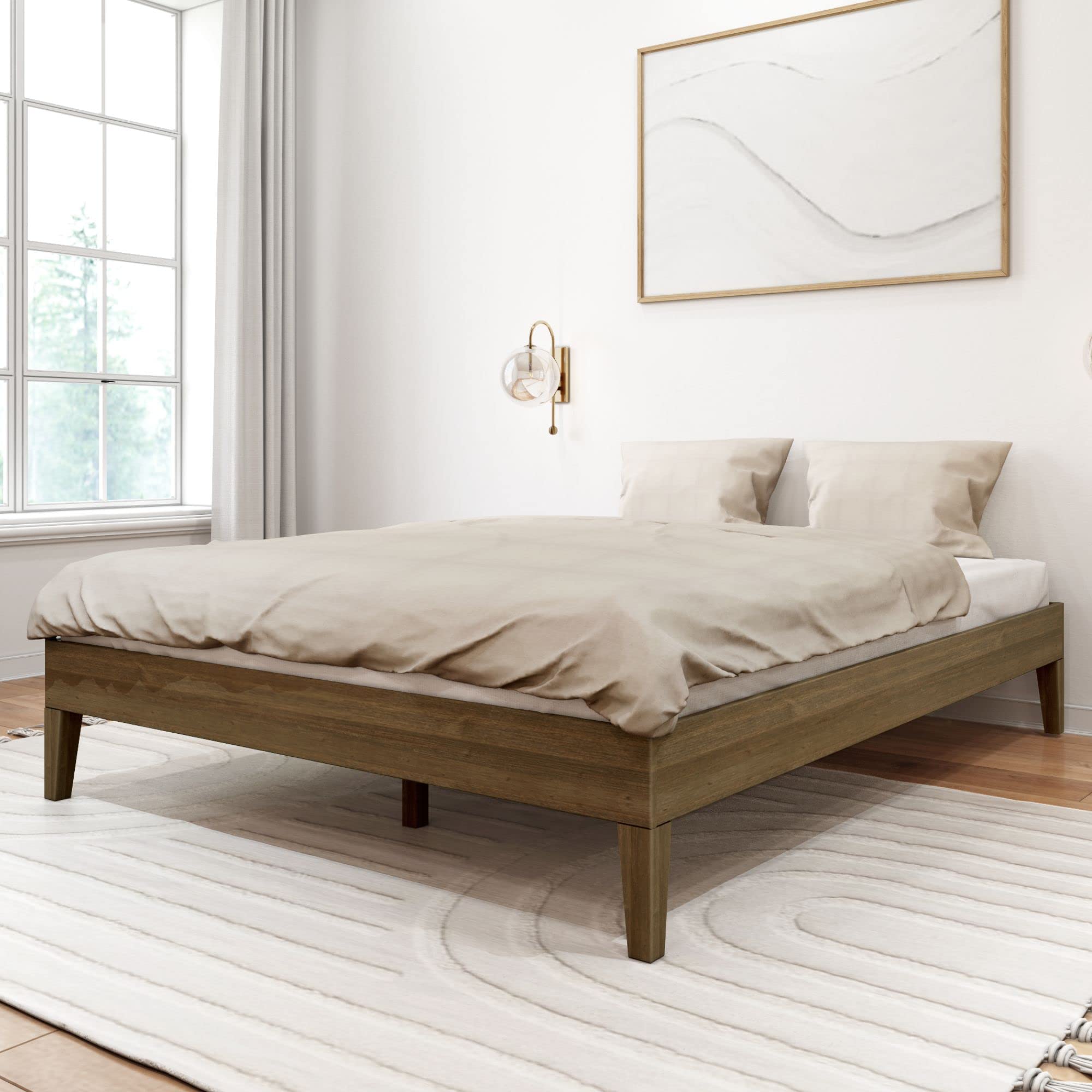 Photo 1 of Plank+Beam Solid Wood Platform Bed Frame, Strong Wood Slat Support, No Box Spring Needed, Easy Assembly, Walnut, Queen
