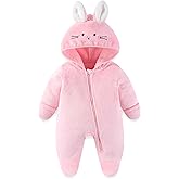 JiAmy Baby Fleece Snowsuit Cute Bear Romper Newborn Winter Jumpsuit Hooded Warm Coat with Fold-over Mittens Footies