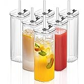 6 Sets Glass Cups with Lids & Straws, Square Ribbed Drinking Glasses with Lids, Clear Highball Tumblers for Cocktail, Coffee, Juice, Beer, Modern Mixed Drinkware Jars