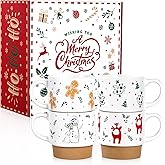 QIKSION 16oz Christmas Mugs, Large Coffee Mugs Set of 4, Holiday Hot Chocolate Ceramic Mug Gift Set for Family, Friends and Colleagues