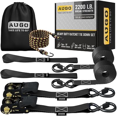 AUGO 2PK Ratchet Tie Down Straps 4.5M 1000KG Break Load Safety Hooks Bungee