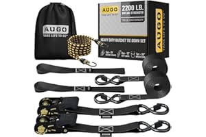 AUGO Ratchet Tie Down Straps -2 PK– 15 FT – 2,200 LB Break Strength – Safety Lock S Hooks –for Moving Cargo, Appliances, Lawn Equipment, Motorcycle – Includes 1 Bungee Cord, 2 Soft Loops, Storage Bag