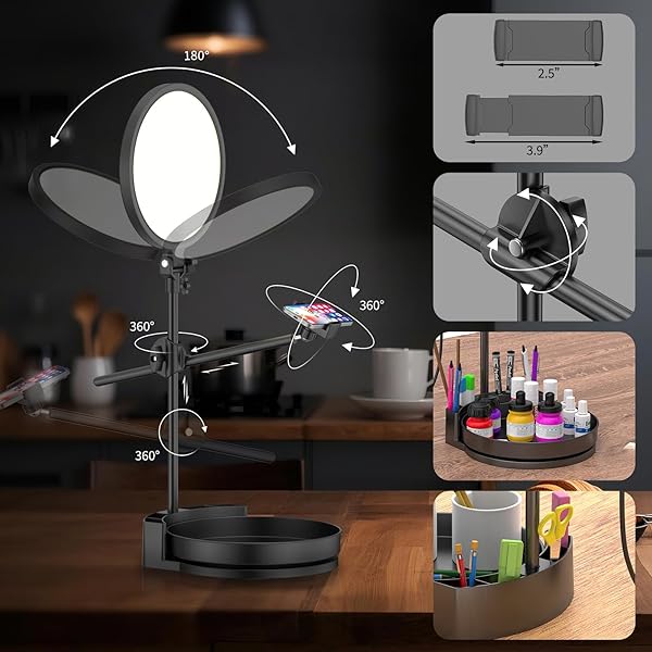 SELFIE LIGHT KIT FOR DESK AND LAPTOP,55W DIMMABLE FULL SCREEN RING LIGHT,WITH ROTATING STORAGE BOX,PEN HOLDER STAND,PHONE HOLDER AND CONTROLLER (BLACK-RGB, 10.5)
