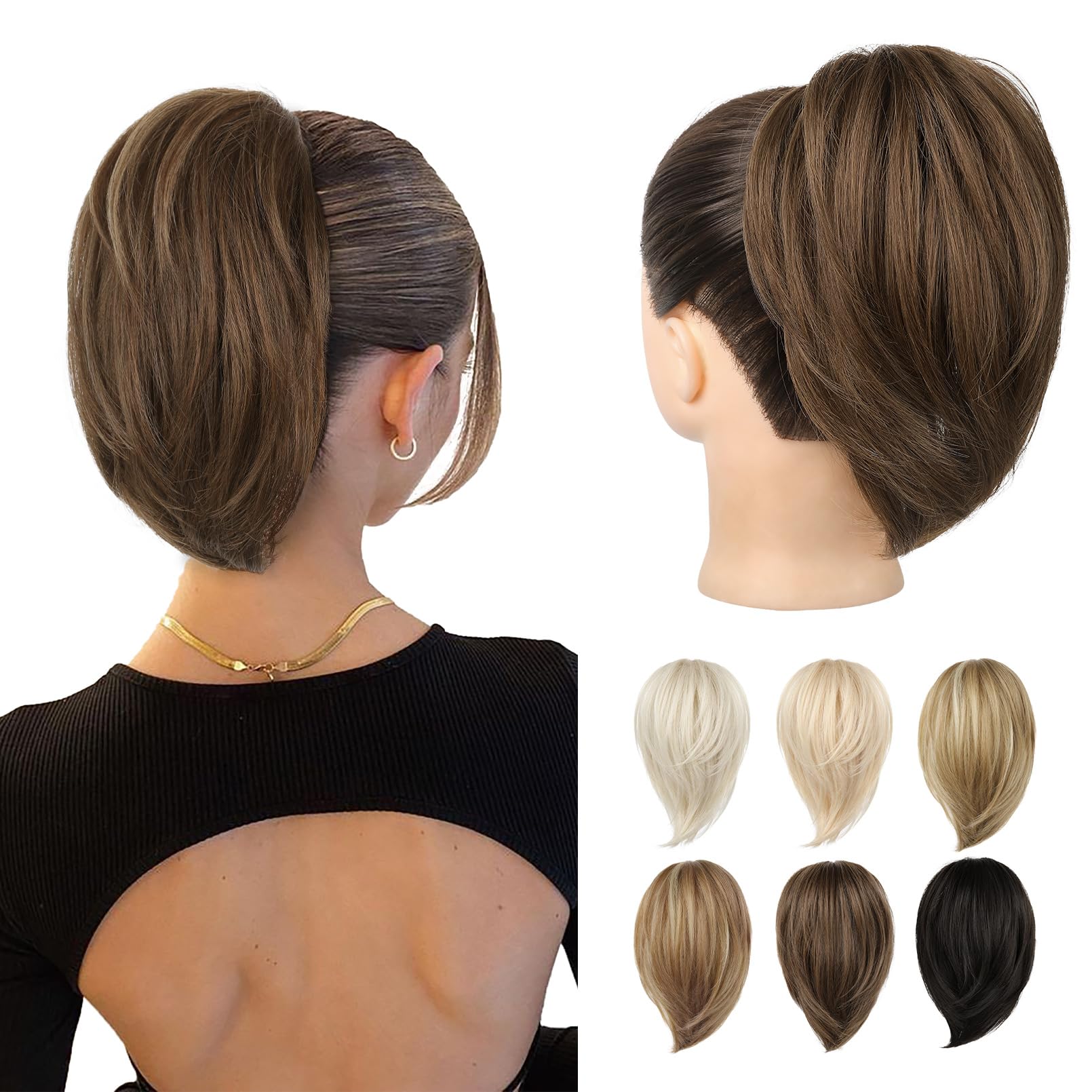 REECHO Ponytail Extension，Claw Clip Hair Bun Hair Piece Short Straight Ponytail Hair Extensions Messy Hair Bun Natural Synthetic Fake Ponytail Hair Pieces for Women- Ginger Brown