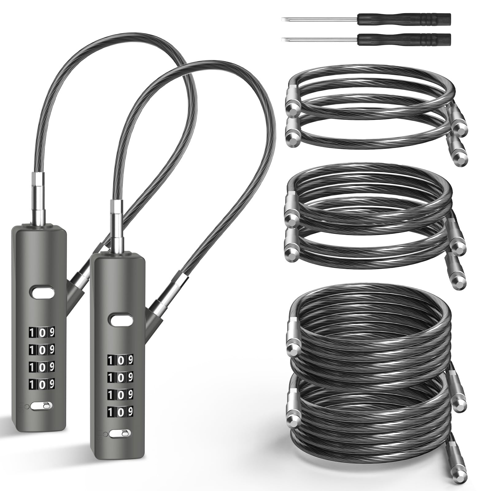 Photo 1 of I-EASYDWW Cable Lock, 4-Digit Combination Bike Lock, with 3 Replaceable Steel Ropes (9''/23.6''/47.2''), for Bike, Luggage, Gym Locker, Gate, Fence, Cabinet, (Gun-Grey, 2 Pack)