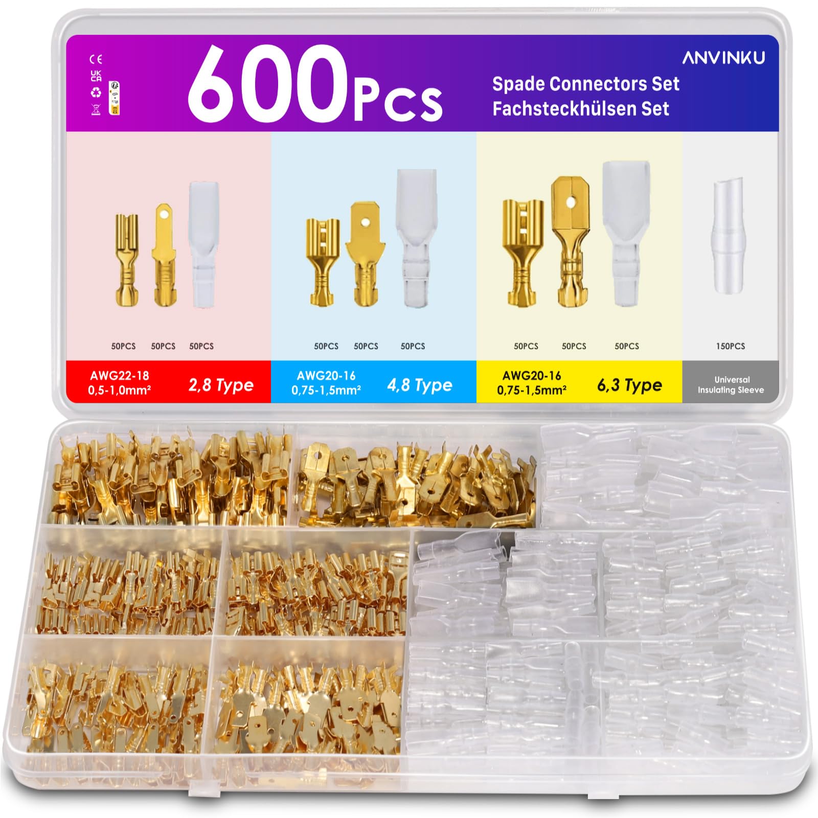 ANVINKU 600PCS Wire Connectors, Male & Female Spade Connectors 12v 2.8mm-6.3mm with Insulating Sleeve