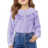 Girls Eyelet Ruffle Collar Blouse Kids Long Sleeve Button Down Shirt Cute Uniform Tops 5-14 Years