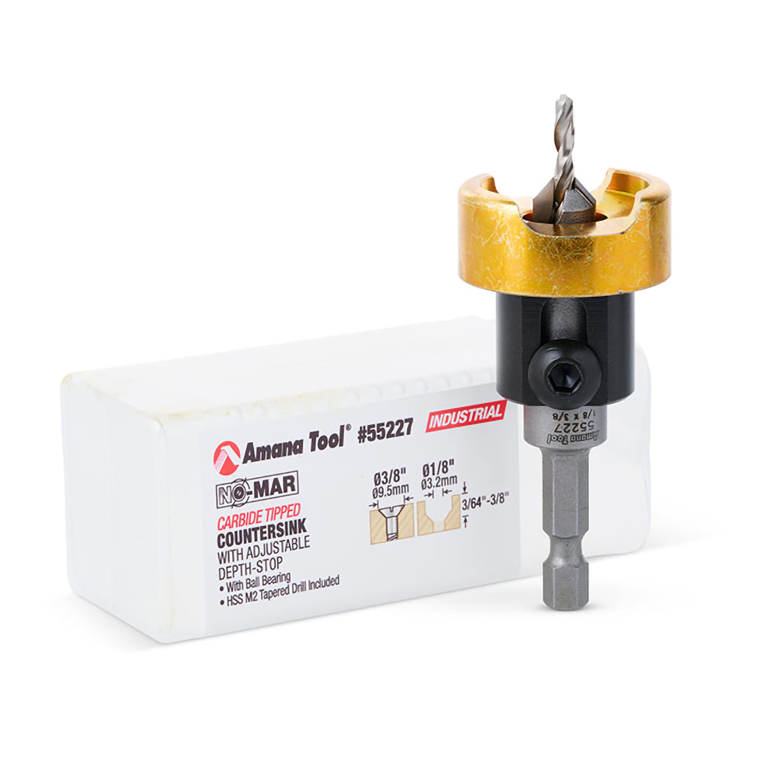 Photo 1 of Amana Tool 55227 Carbide Tipped 82 Degree Countersink Set with Adjustable Drill Bit Depth Stop and No-Thrust Ball Bearing 3/8 Dia x 1/8 Drill Dia x 1/4 Inch Quick Release Hex Shank