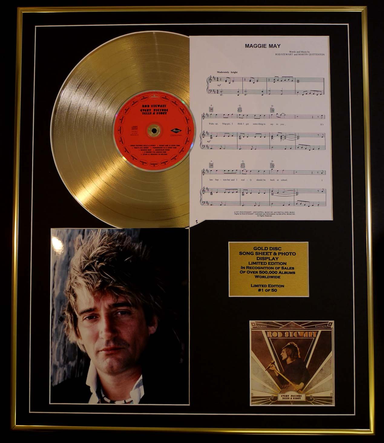 ROD STEWART/CD GOLD DISC, SONG SHEET & PHOTO DISPLAY/LTD. EDITION/COA/ALBUM, EVERY PICTURE TELLS A STORY/SONG SHEET, MAGGIE MAY