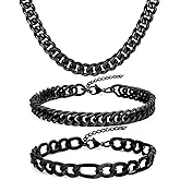 Aospkle 3PCS Cuban Link Figaro Bracelet Necklace for Men, Silver Gold Black Sturdy 316L Stainless Steel Cuban Link Figaro Chain with 2-inch Jewelry Set with Gift Message Card 8mm