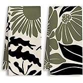 HSIASHENG ArtisaEura Dark Green and Black Boho Floral Kitchen Towels, Abstract Mid Century Modern Flower Botanical Dish Tea Hand Towels for Kitchen Bathroom Decor, 16x24 Inch Set of 2