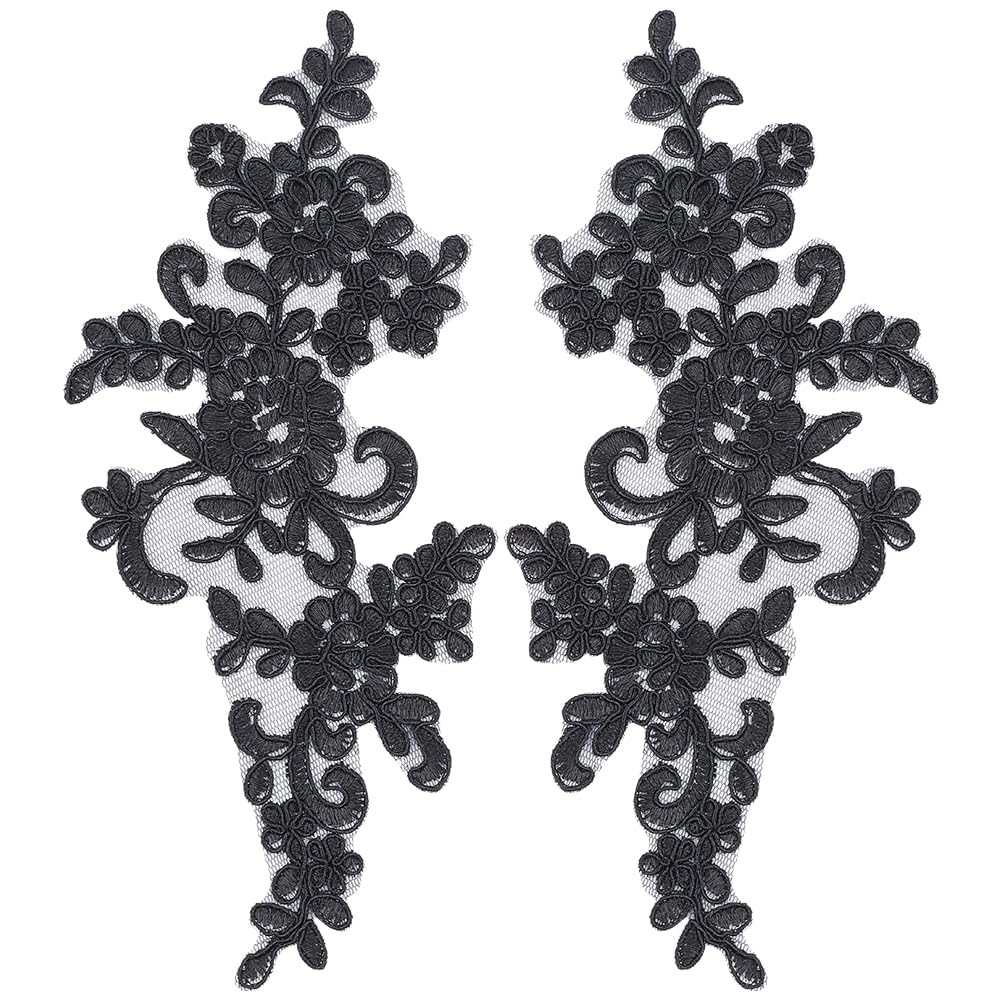 GORGECRAFT 2 Pair 3D Beaded Flower Sequence Lace Applique Motif Sew On Embroidered Lace Applique Wedding Dress Bride's Headdress Adornment Patch for Clothes Sewing Craft Decoration, Black