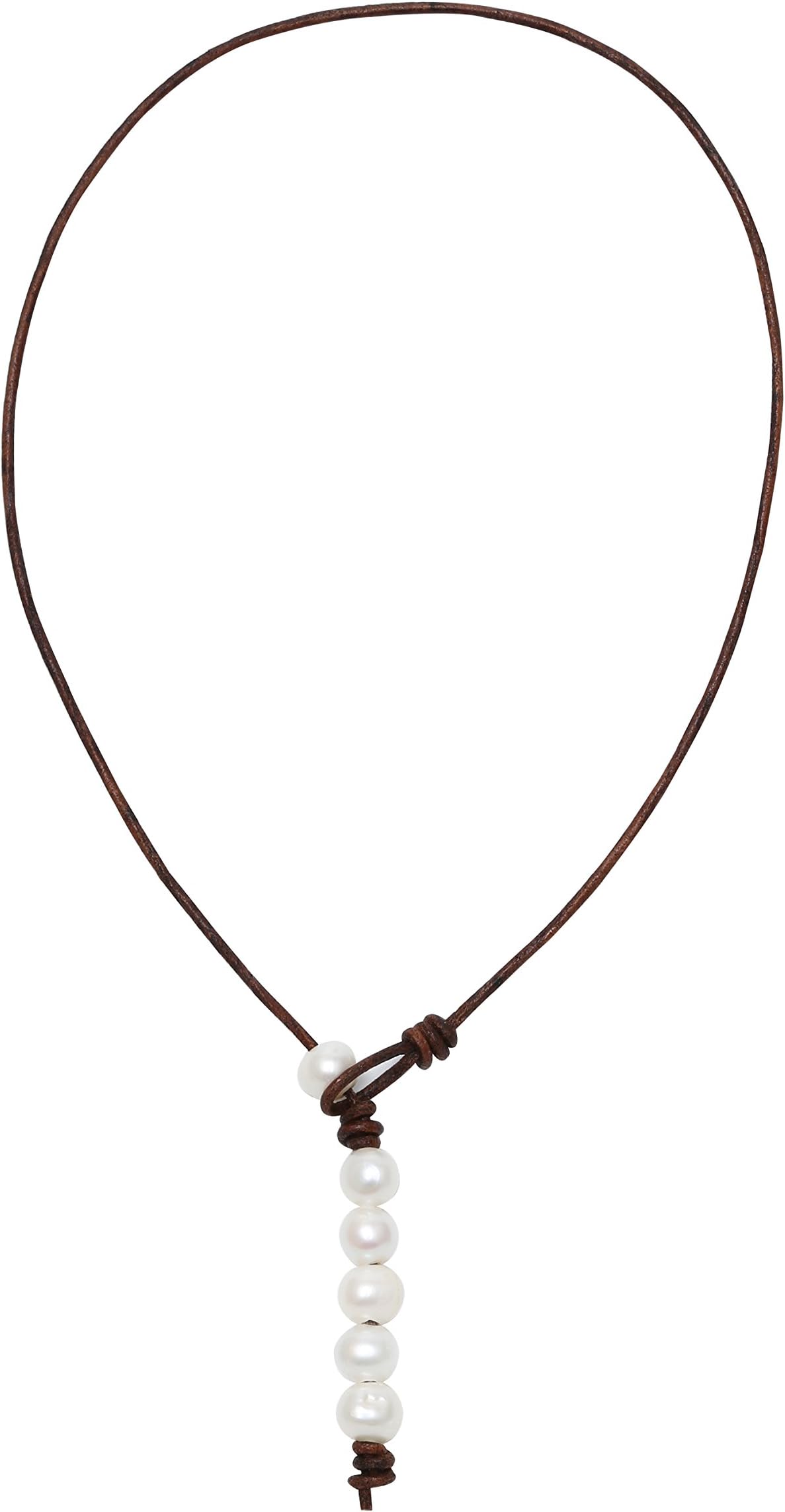 MAIMANI Y- Shaped Cultured Freshwater White Pearl Necklace on Brown Genuine Leather Cord Girls -18''