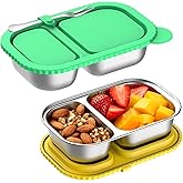 Solldgt Stainless Steel Snack Containers with Silicone Lids, 2 Pack Reusable 2 Compartment Food Storage Containers, Snackle Box Container Leak-Proof Metal Bento Lunch Box for School, Travel, Home