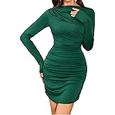 ZAFUL Womens Sexy Ruched Bodycon Mini Dress Long Sleeve Boat Neck Wedding Guest Club Party Dresses