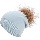 Women's Real Fur Pom Pom Cashmere Wool Blend Winter Slouchy Knit Beanie Hat with Real Pom Pom Beanie Hat