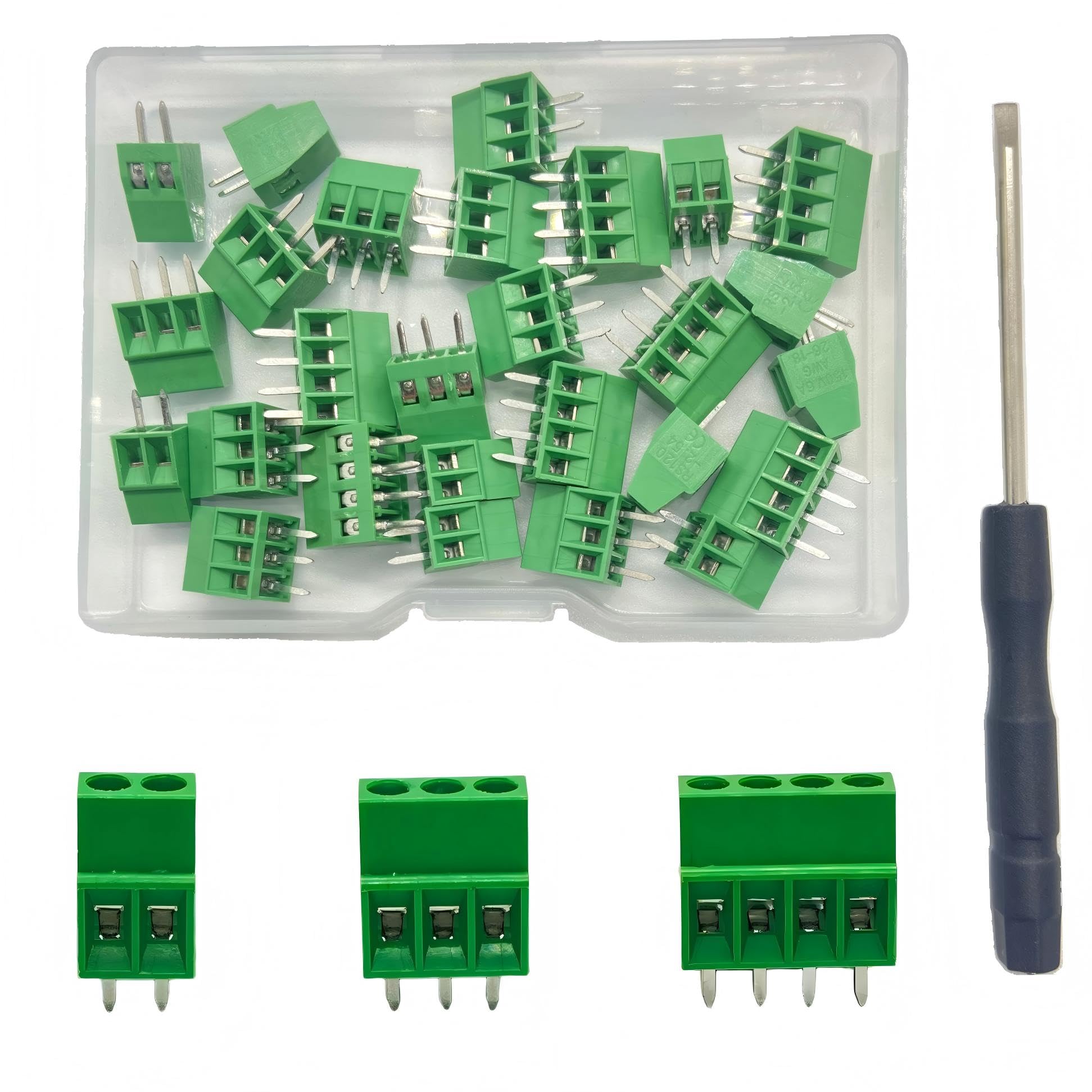 Photo 1 of 27-Piece PCB Mount Screw Terminal Block kit with 2.54mm/0.1-inch Pitch (2PIN×10, 3PIN×10, 4PIN×7 + Dedicated Screwdriver), 150V 6A, Compatible with 26-18AWG Cables
