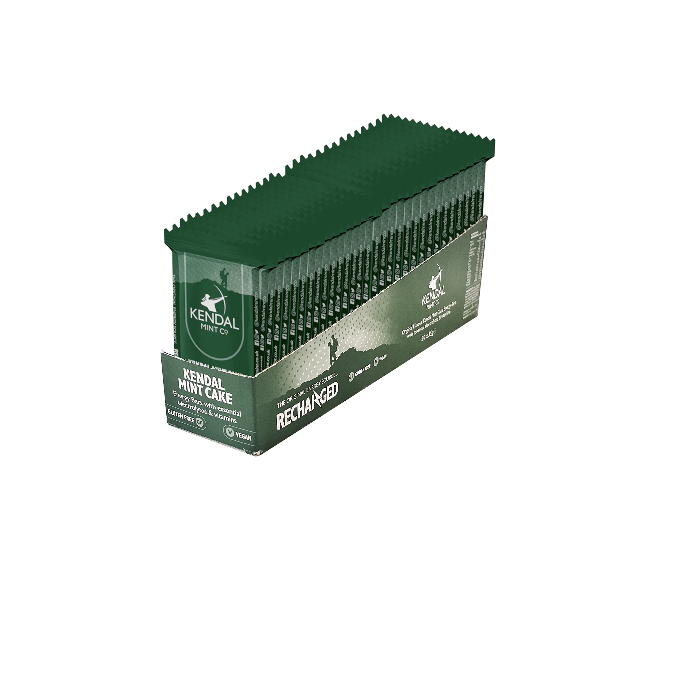 KMC Energy Bars Pocket-sized, Original Flavour, Kendal Mint Cake Recharged, Vegan, Gluten Free with essential Electrolytes & Vitamins35g (30 Count (Pack of 1), Original)